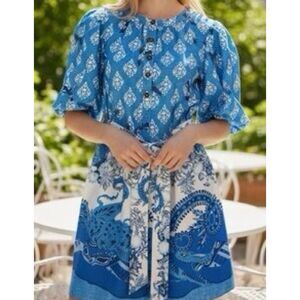 A Loves A Blue & White Bird Patterned Puff Sleeve Mini Dress, size S